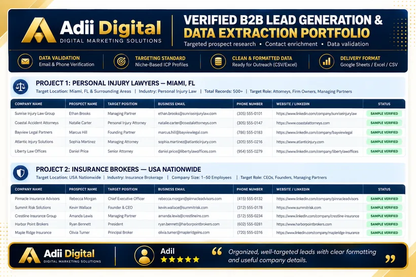 B2B data extraction projects — personal injury lawyers in Miami and insurance brokers across the USA