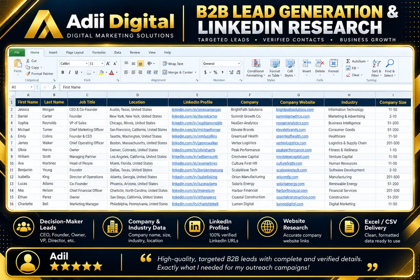 LinkedIn research spreadsheet of US company decision-makers — CEOs, founders and VPs