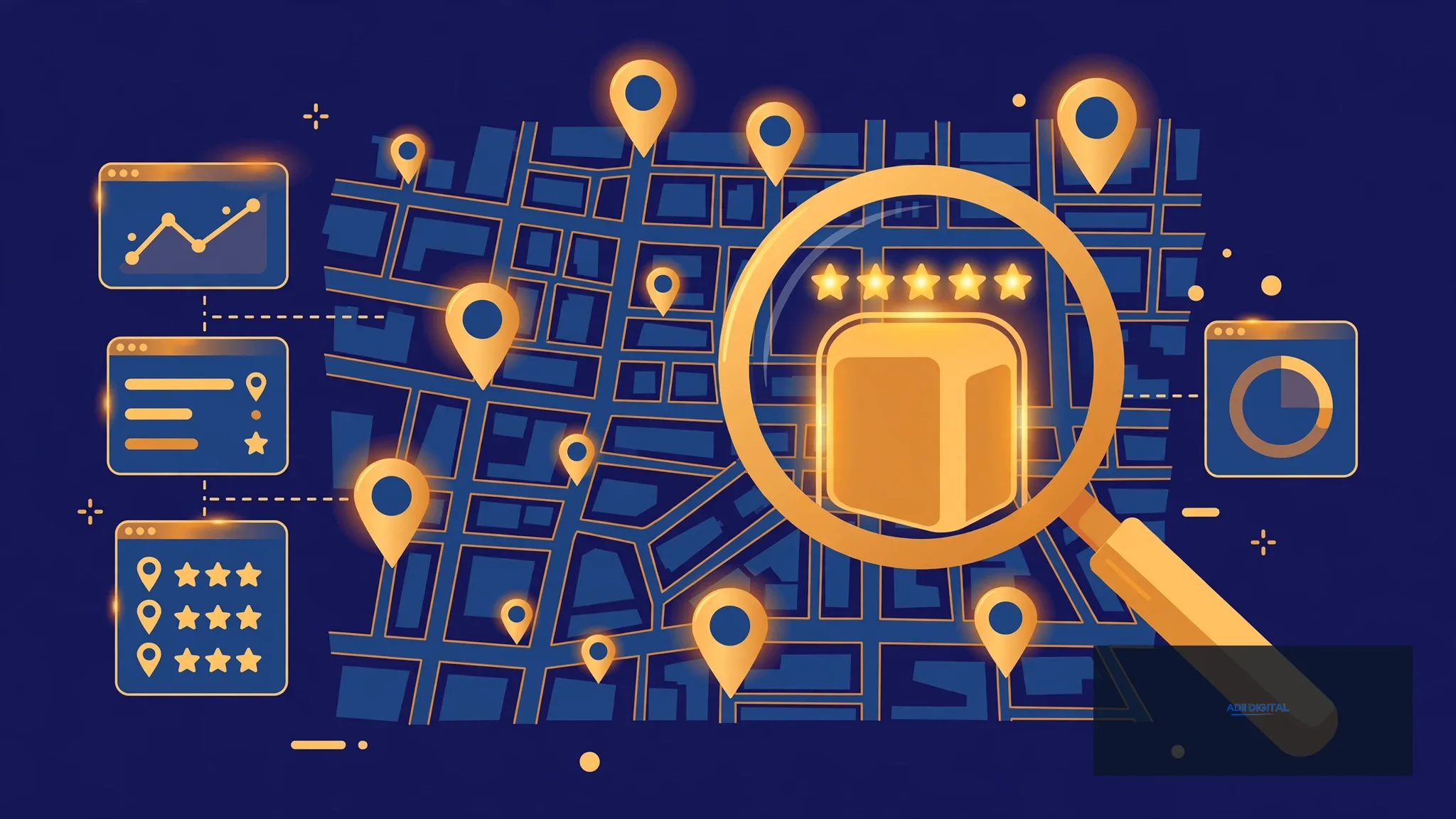 Local SEO software concept with map and ratings by Adii Digital
