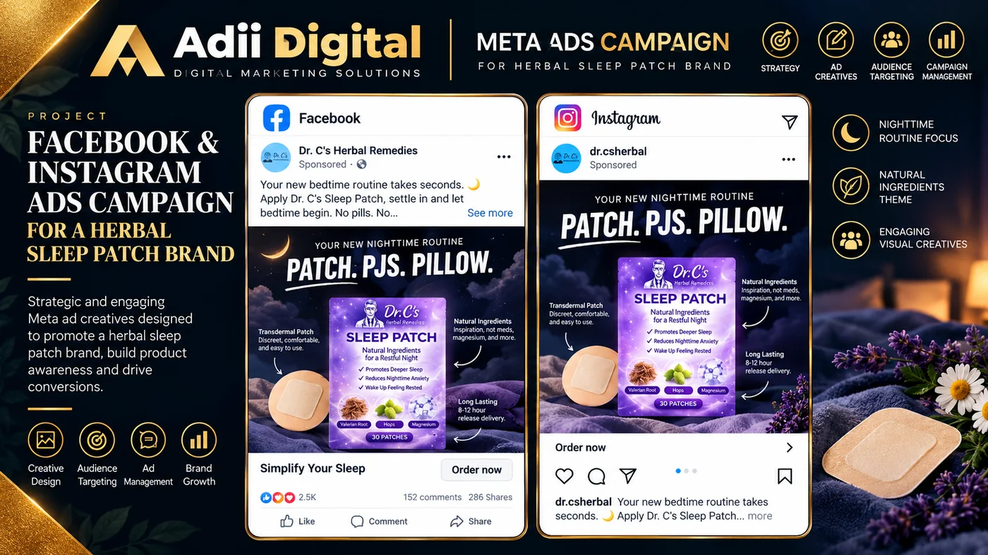 Meta ad creatives for a herbal sleep patch brand — Facebook and Instagram ads