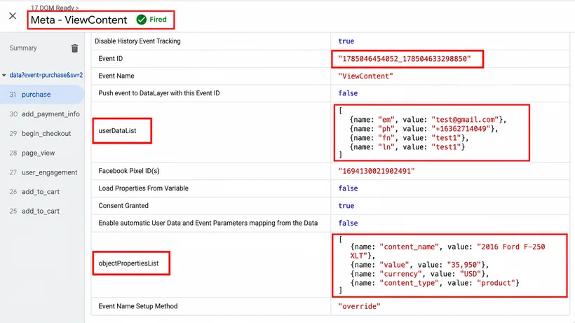 Meta ViewContent event debugging in Google Tag Manager preview mode