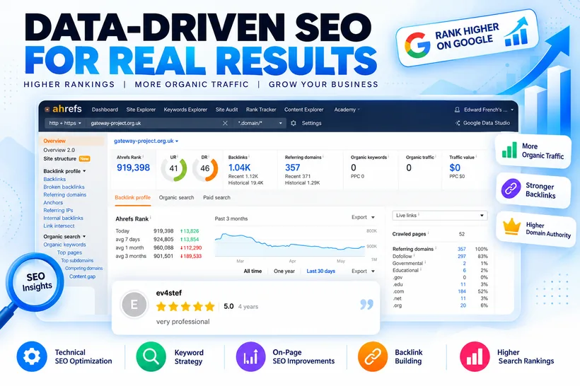 Ahrefs SEO dashboard showing backlink profile and domain rating