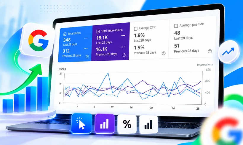 Google Search Console performance dashboard on a laptop