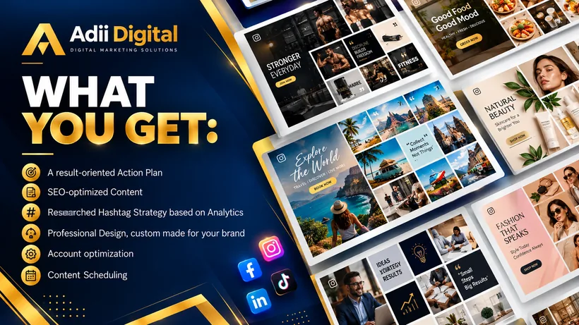 Adii Digital social media content services overview with example post designs